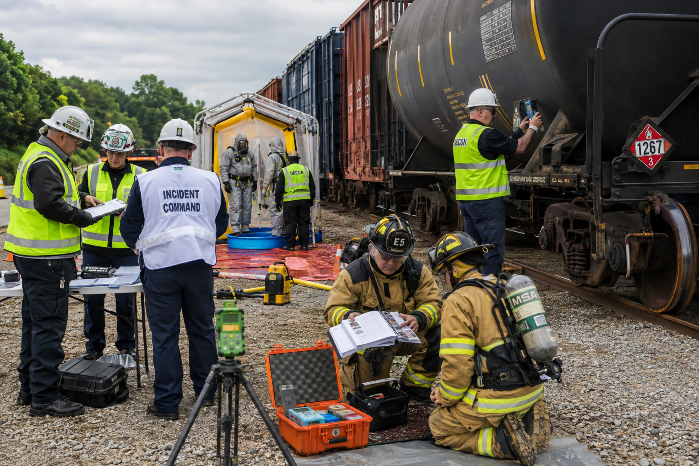 Responders conduct a rail hazardous-materials preincident drill beside tank cars