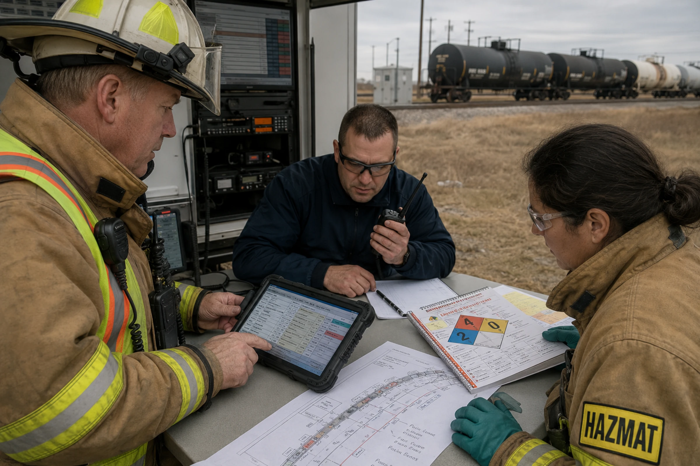 Rail hazmat responders review a train consist and chemical reference information