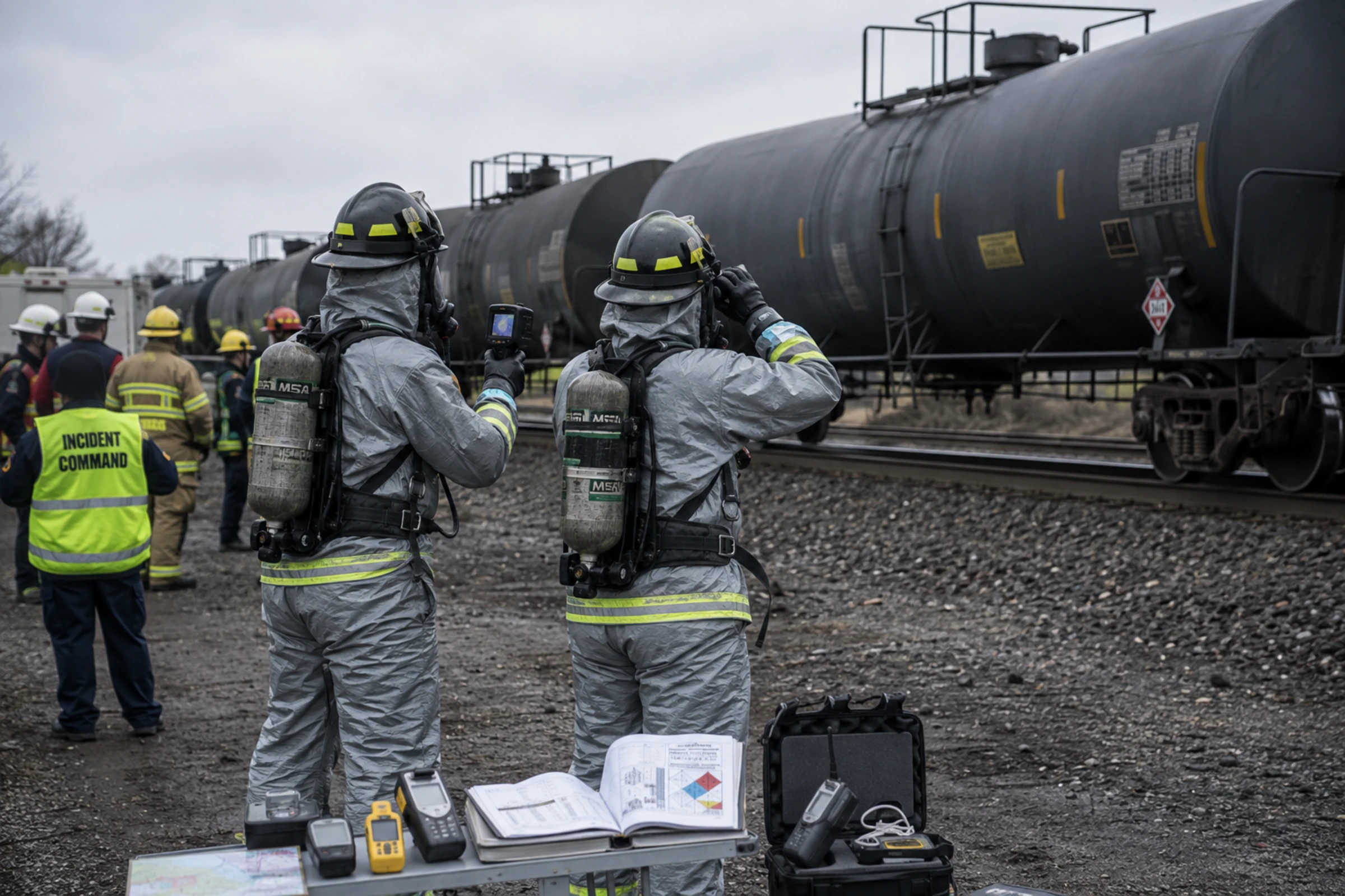 Hazmat team evaluates rail tank cars with monitoring equipment