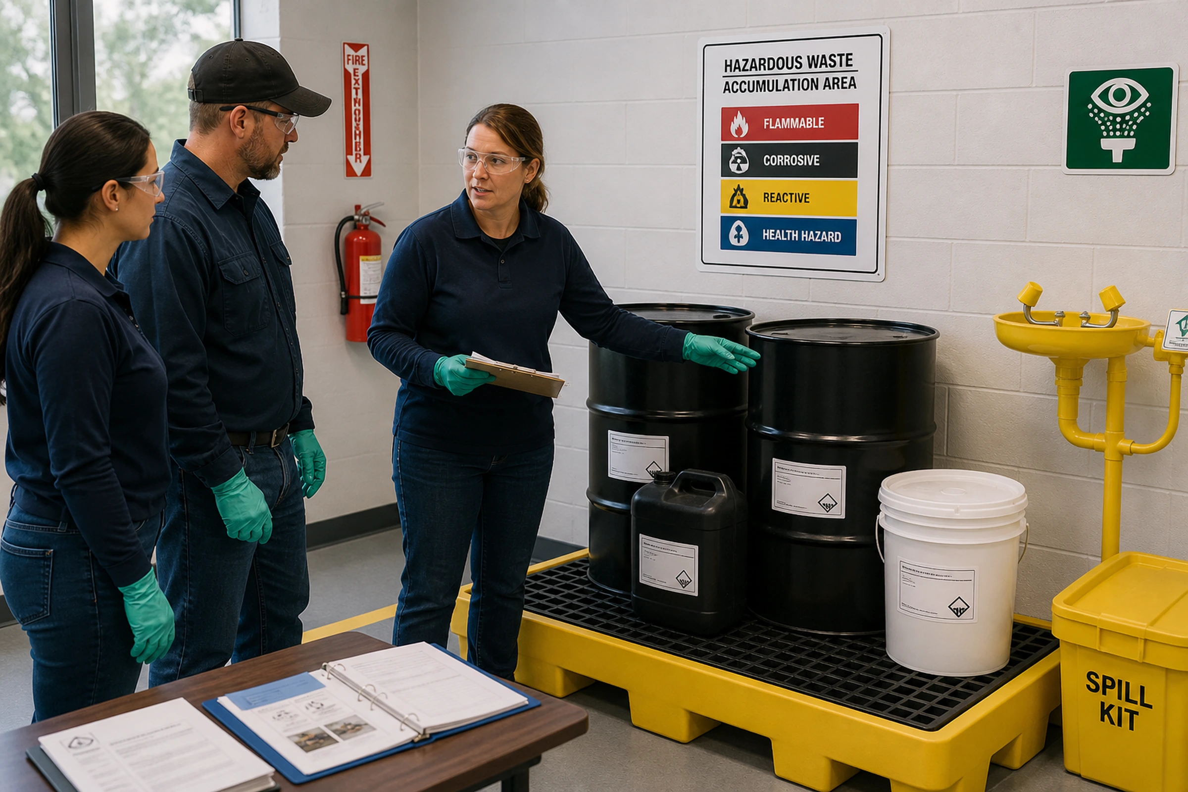 Instructor explains hazardous-waste accumulation-area procedures to workers
