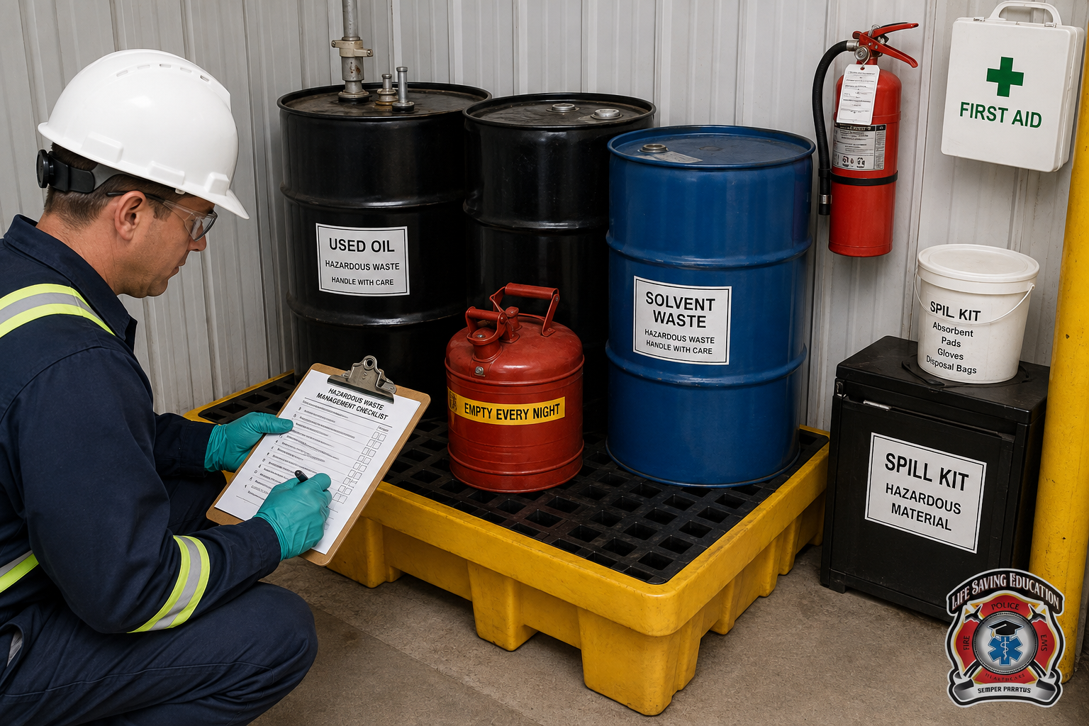Worker audits labeled hazardous-waste containers in an accumulation area