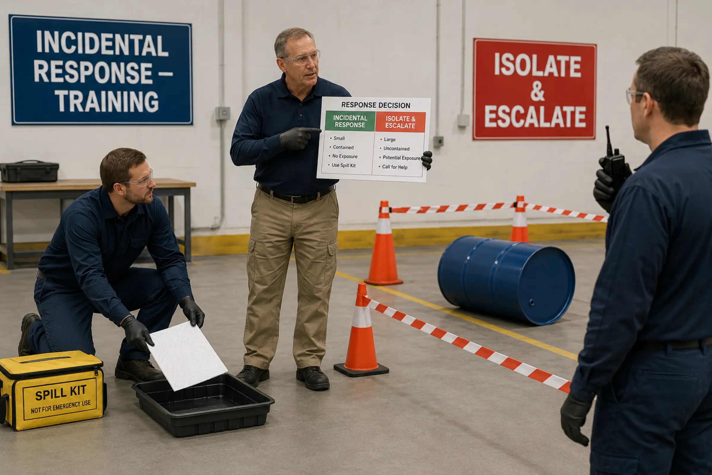 Instructor demonstrates when an incidental spill must be isolated and escalated