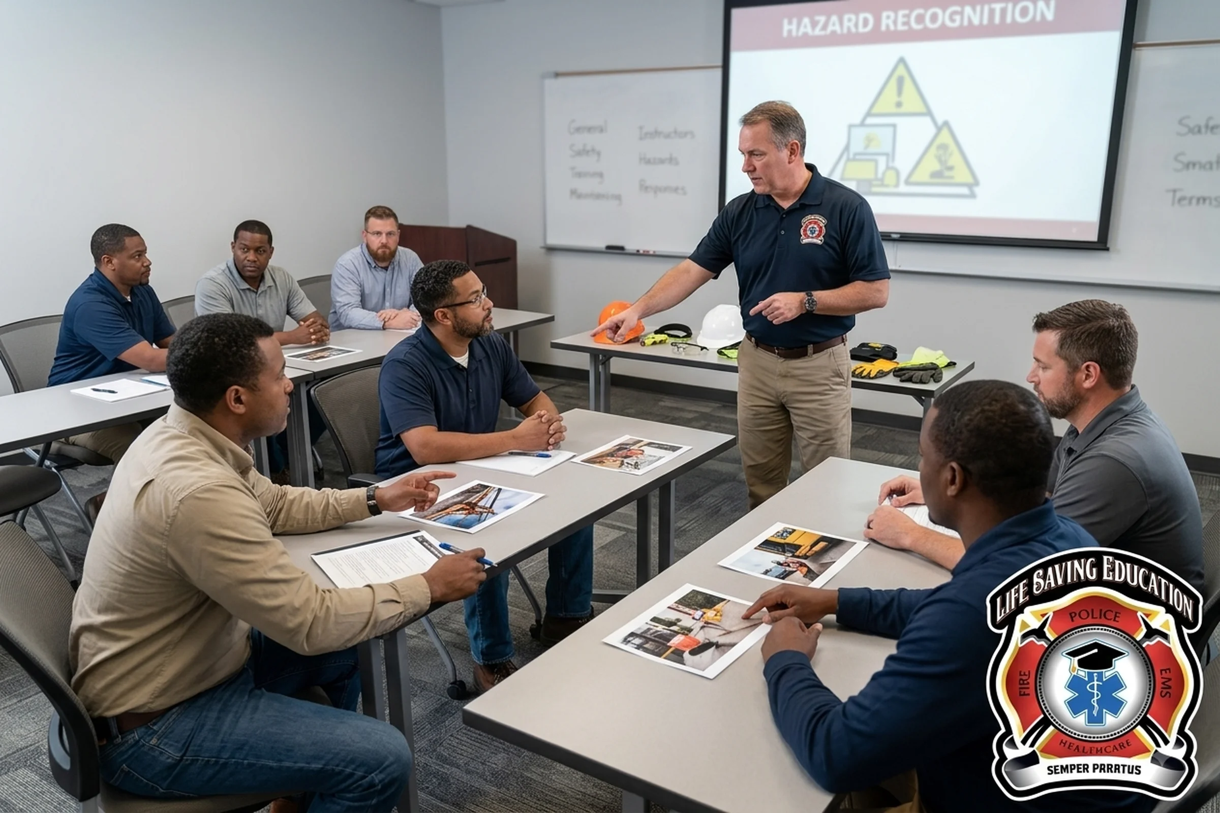 Workers participating in an OSHA 10-Hour Outreach classroom focused on workplace hazard recognition and safety awareness.