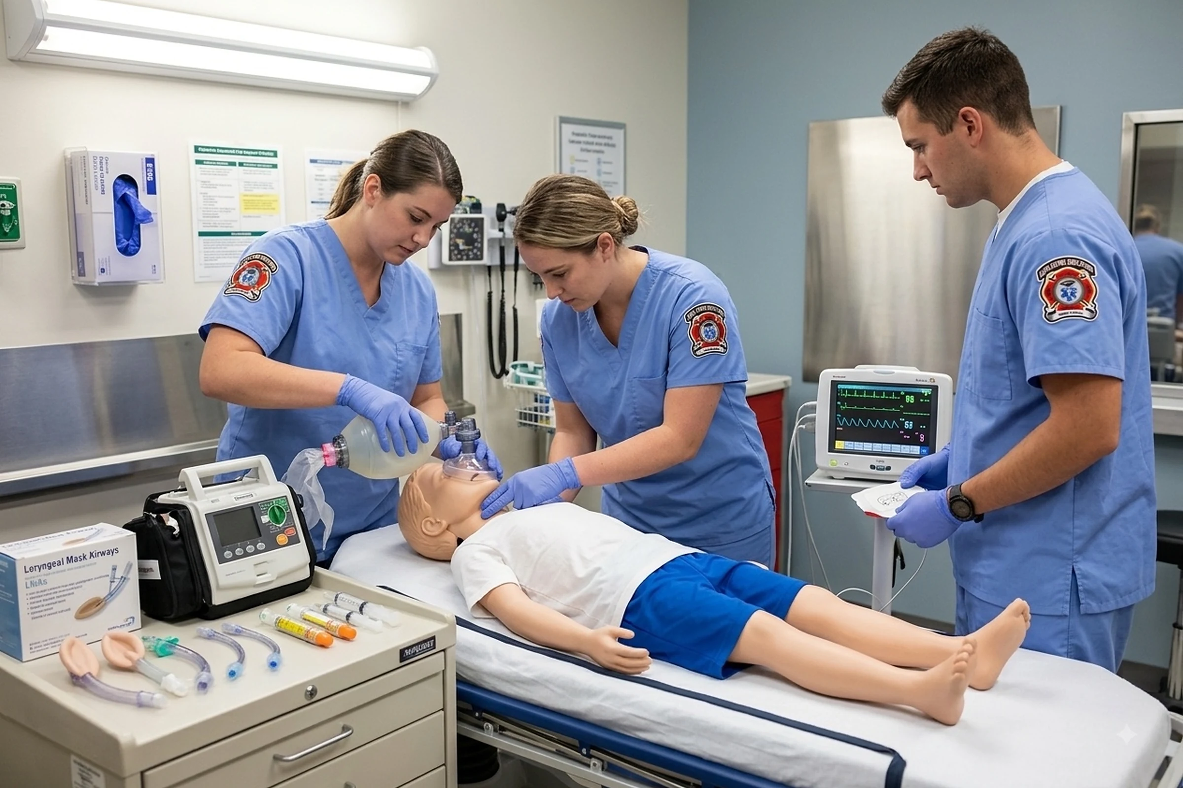 Healthcare professionals practicing pediatric bag-mask ventilation and respiratory assessment with a child-sized PALS training manikin.