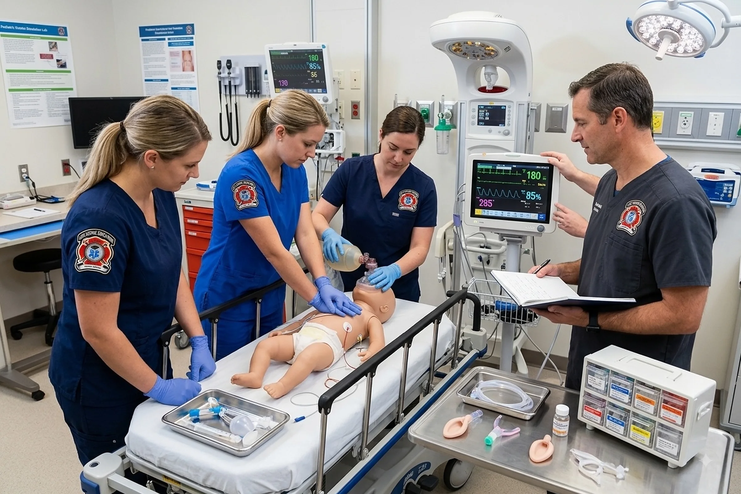 Healthcare professionals practicing infant resuscitation during PALS training with an infant manikin, bag-mask ventilation, CPR, and pediatric monitoring.