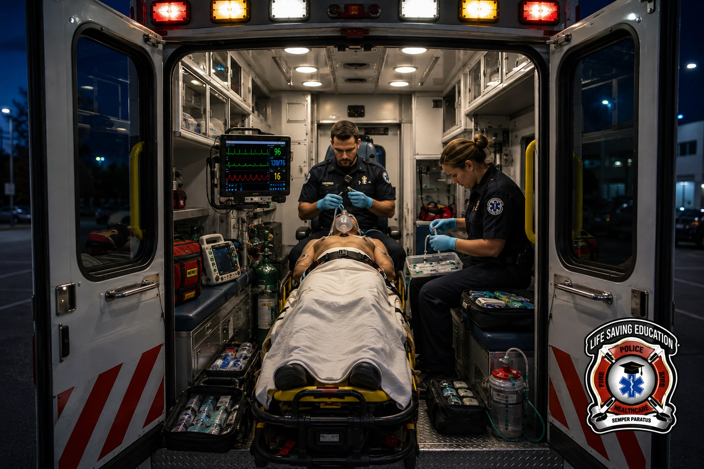 Paramedics reassessing ventilation, capnography and patient physiology after prehospital intubation.