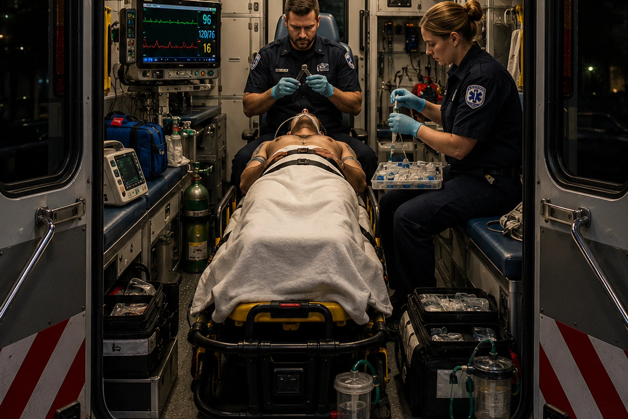 Paramedic checking airway, suction and backup equipment before prehospital intubation.