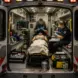 View through open ambulance rear doors as paramedics prepare and test equipment before prehospital intubation.