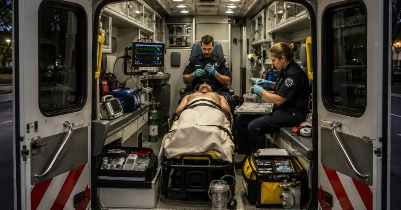 View through open ambulance rear doors as paramedics prepare and test equipment before prehospital intubation.