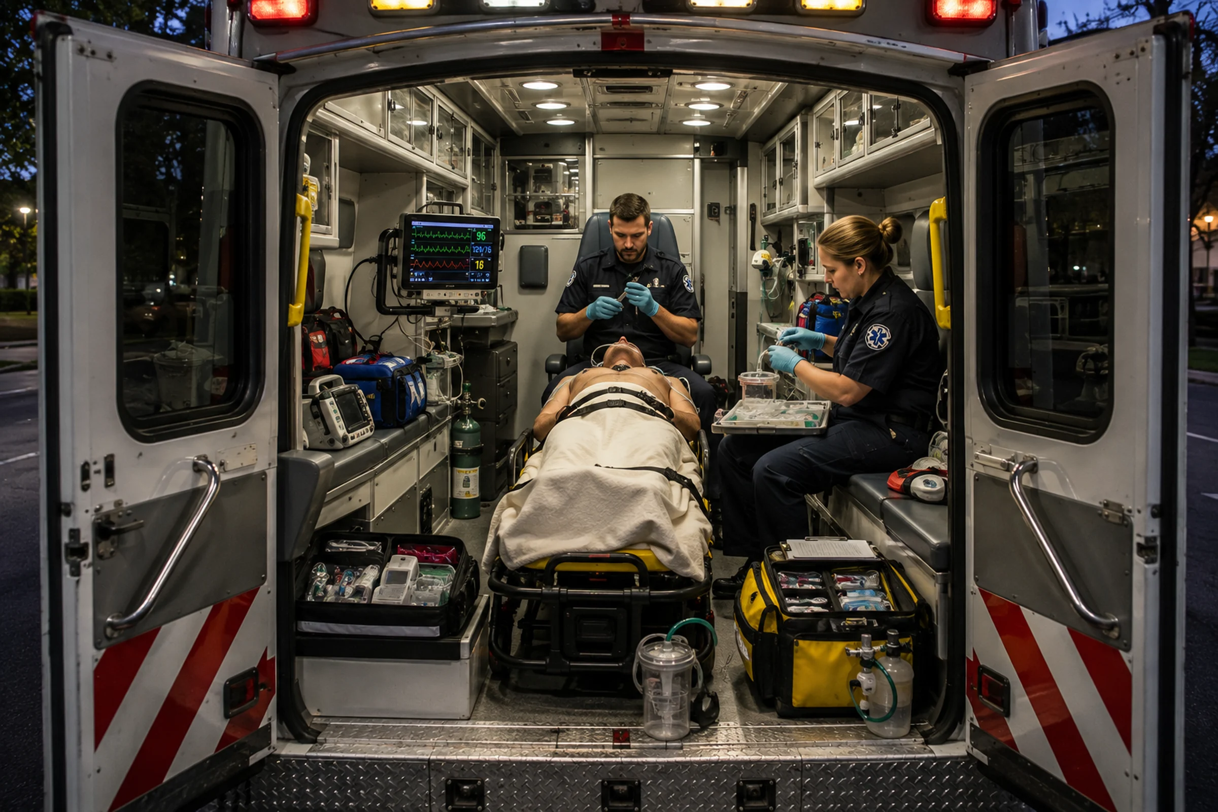 View through open ambulance rear doors as paramedics prepare and test equipment before prehospital intubation.