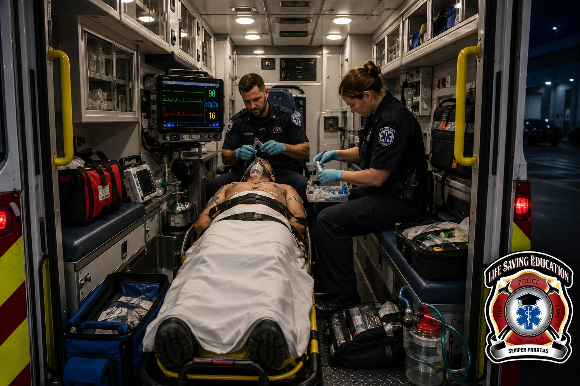 EMS clinicians optimizing oxygenation and hemodynamics before prehospital intubation.
