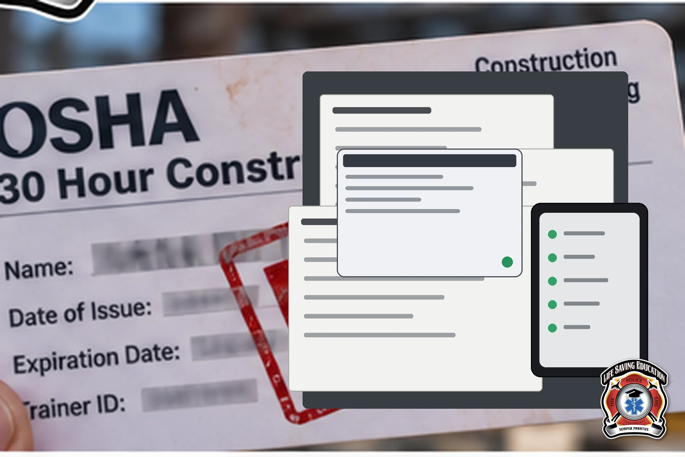 Site safety manager auditing worker training credentials in a construction office