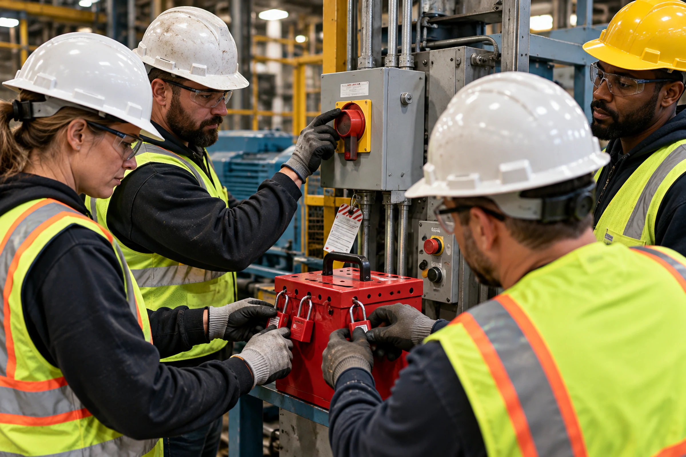 Industrial workers applying personal locks to a group lockout box before maintenance.