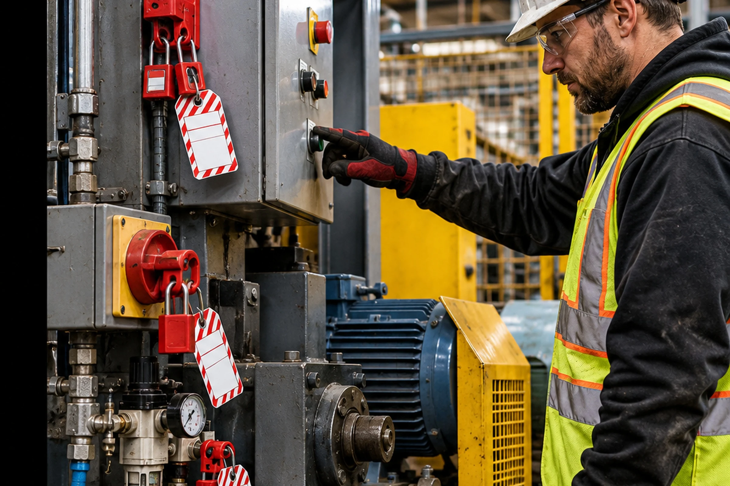 Maintenance worker verifying zero energy on locked out industrial equipment.