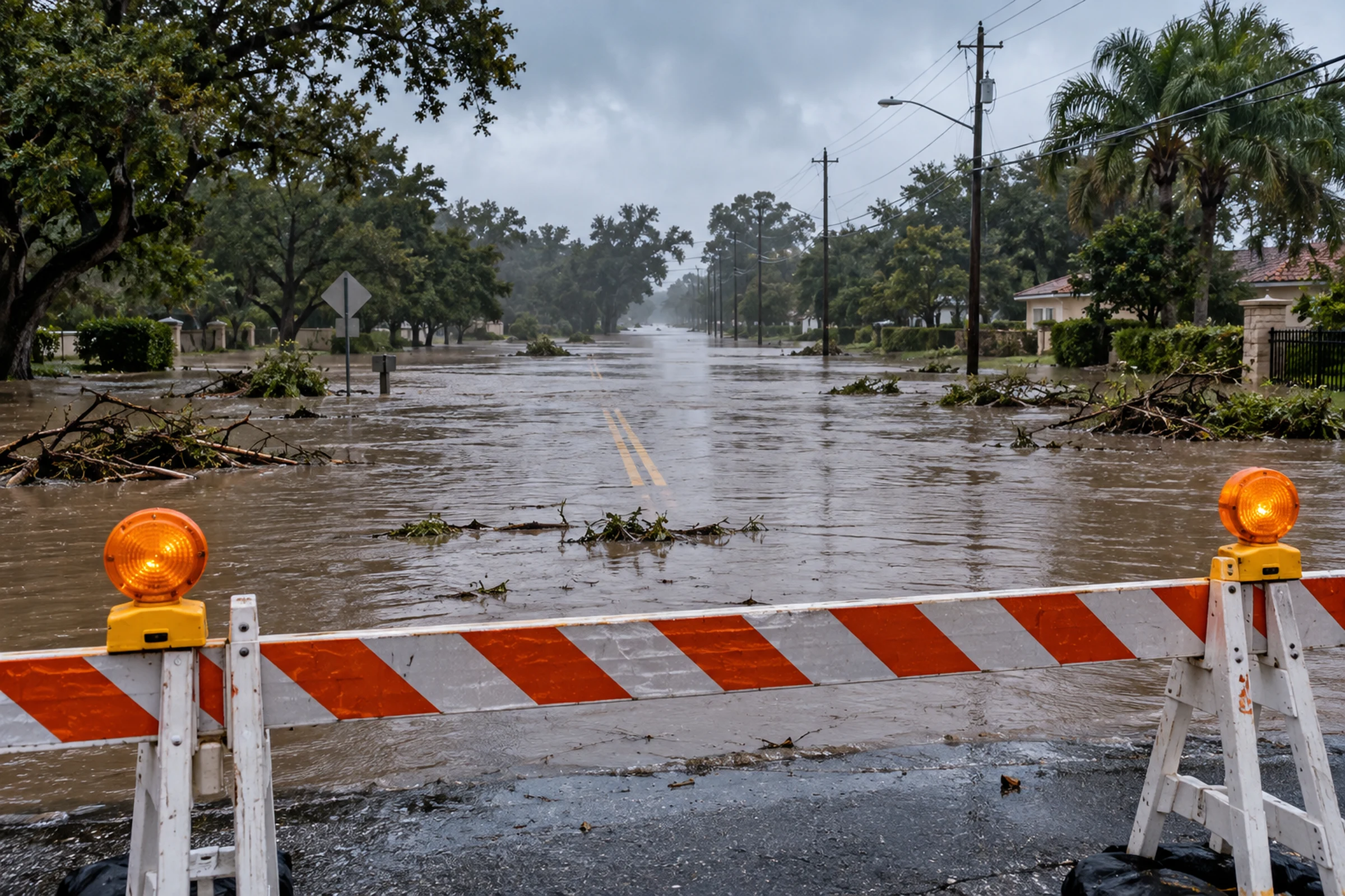 Road barricade blocks access to a flooded suburban roadway.