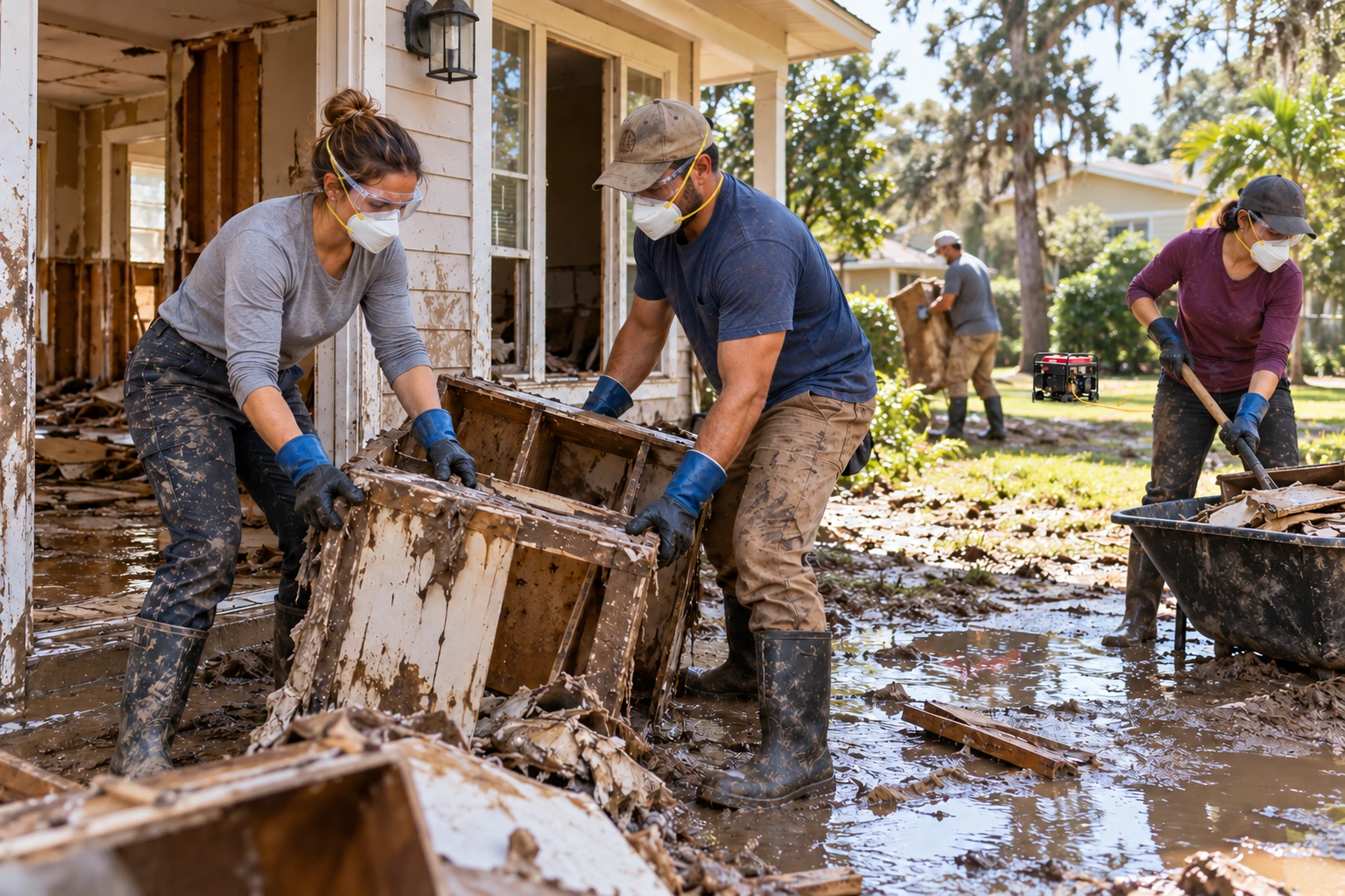 Adults wearing protective equipment remove flood-damaged debris outdoors.