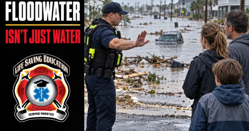 First responder keeps a family away from a flooded residential street.