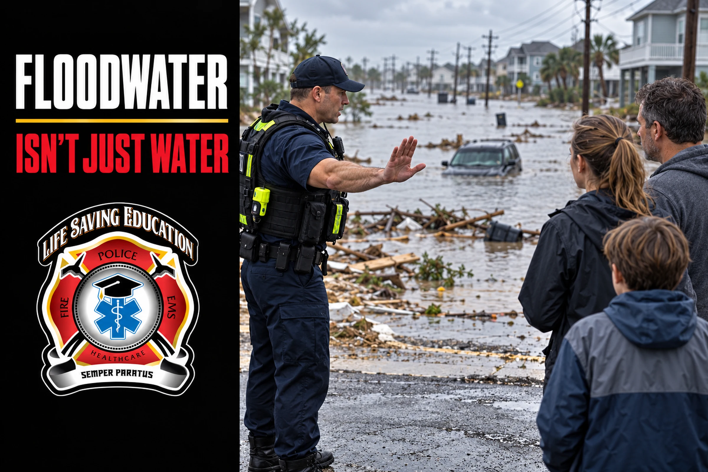 First responder keeps a family away from a flooded residential street.