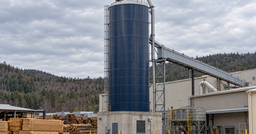 Industrial silo at a lumber mill — educational illustration AI-generated illustration of a tall blue industrial silo at a lumber mill.