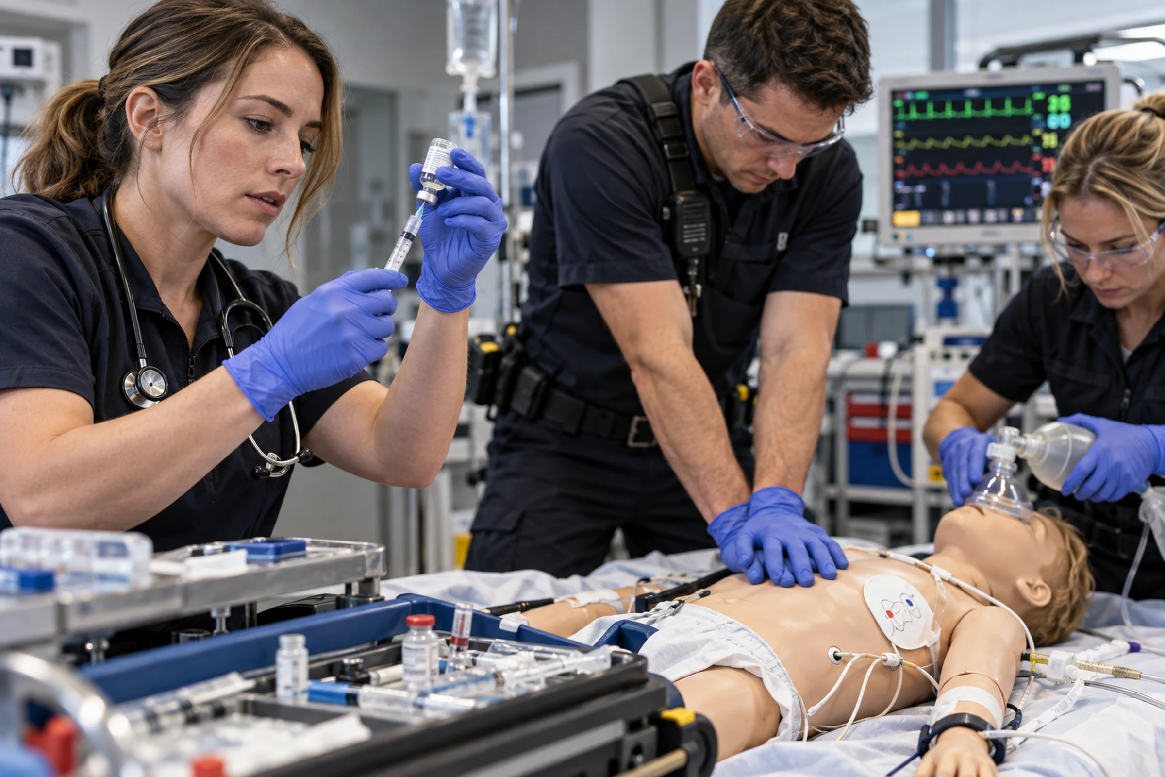 Training team prepares medication while CPR continues on a pediatric manikin.