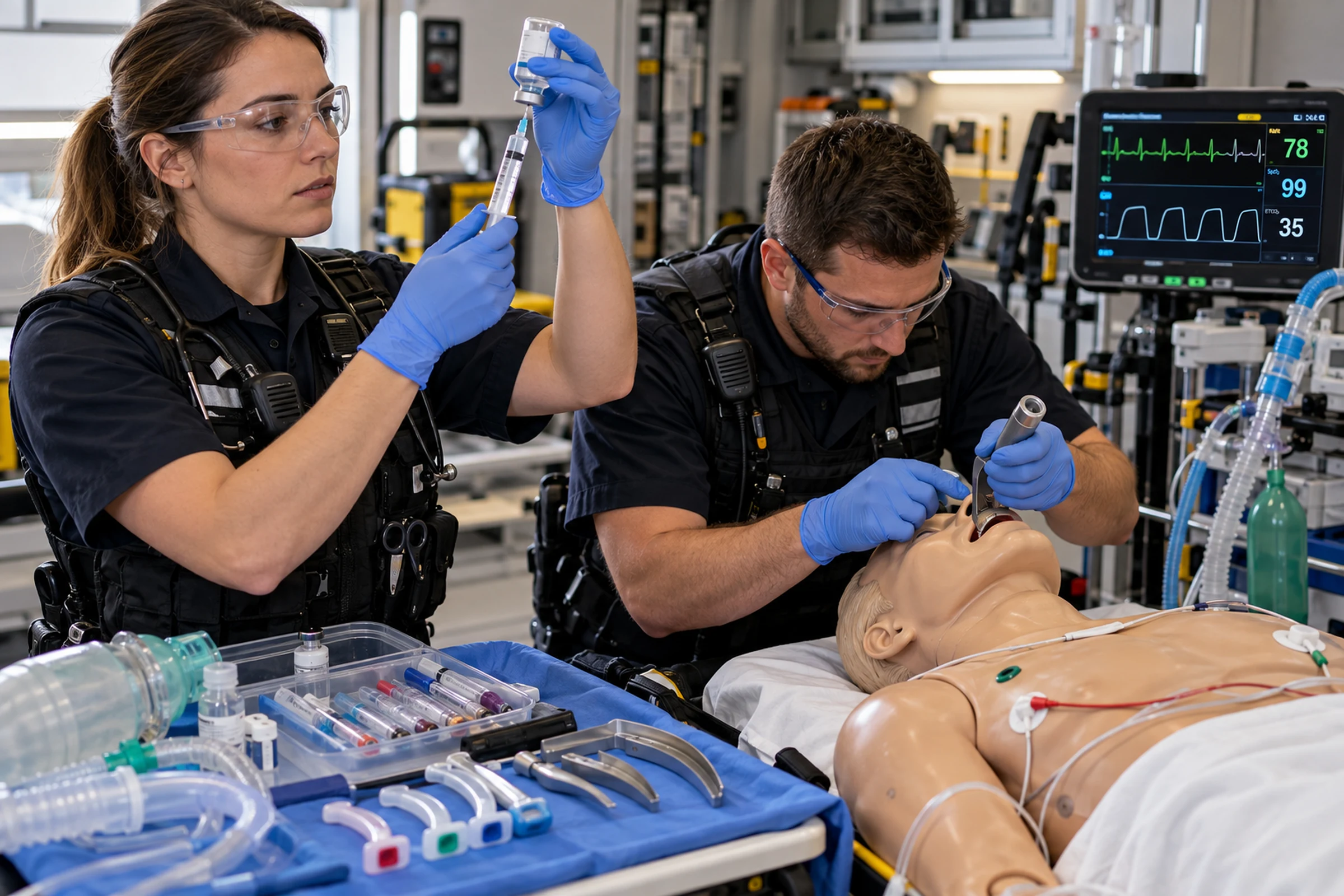 Paramedics practice medication preparation and airway skills using a manikin.