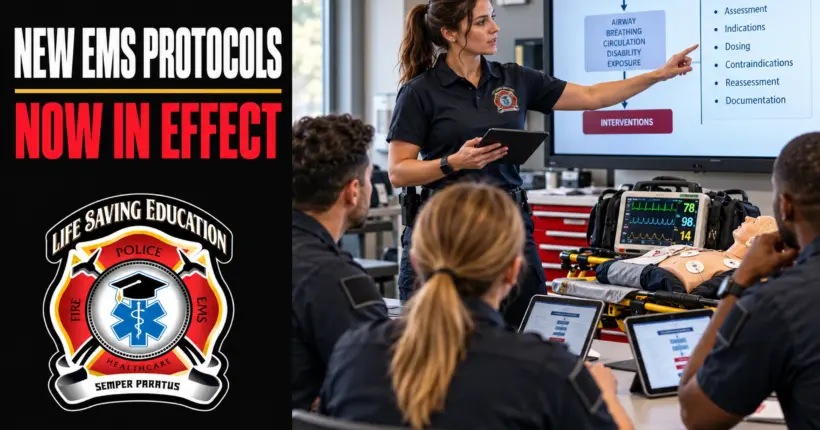 EMS instructor and learners review protocol updates in a simulation classroom.