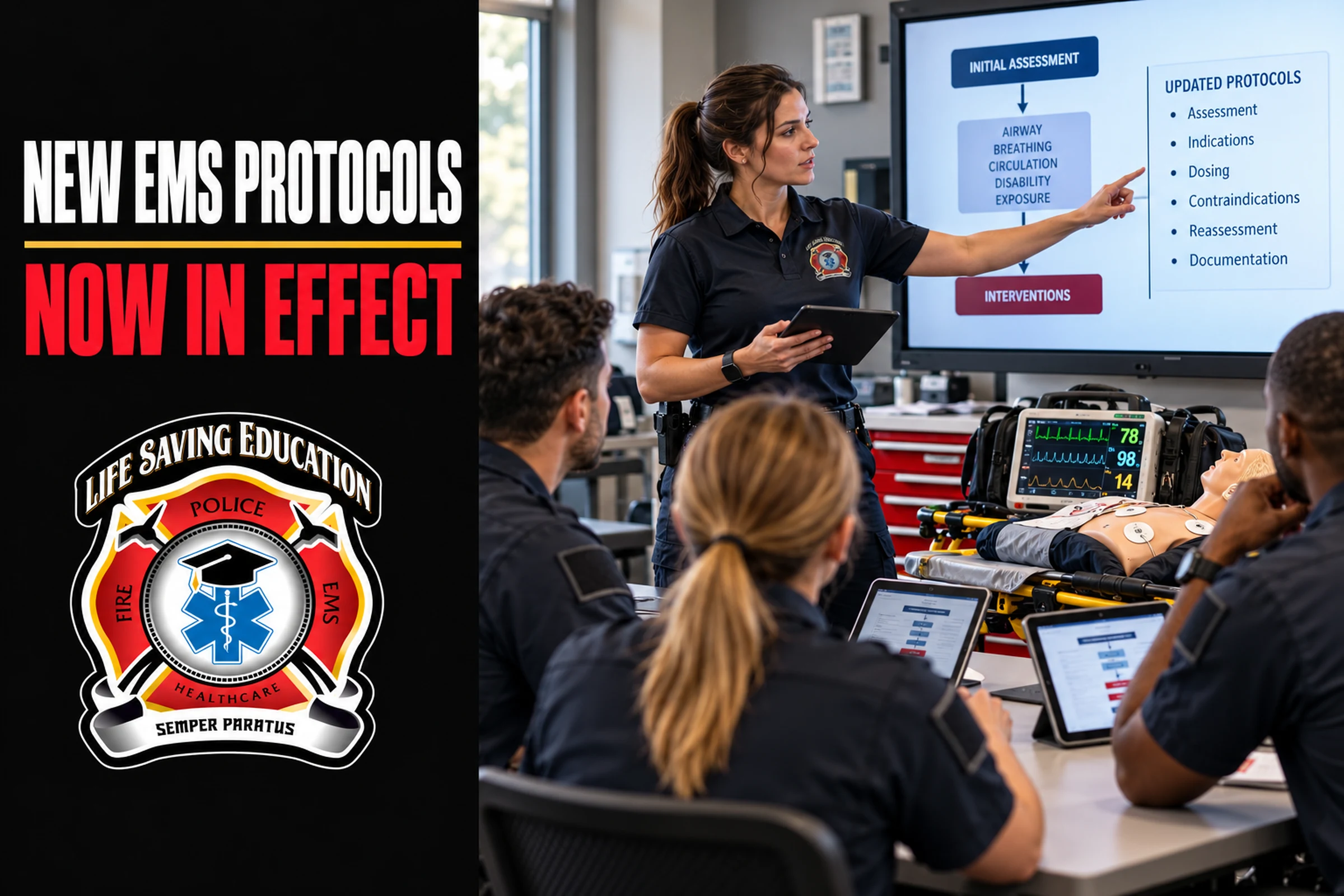 EMS instructor and learners review protocol updates in a simulation classroom.