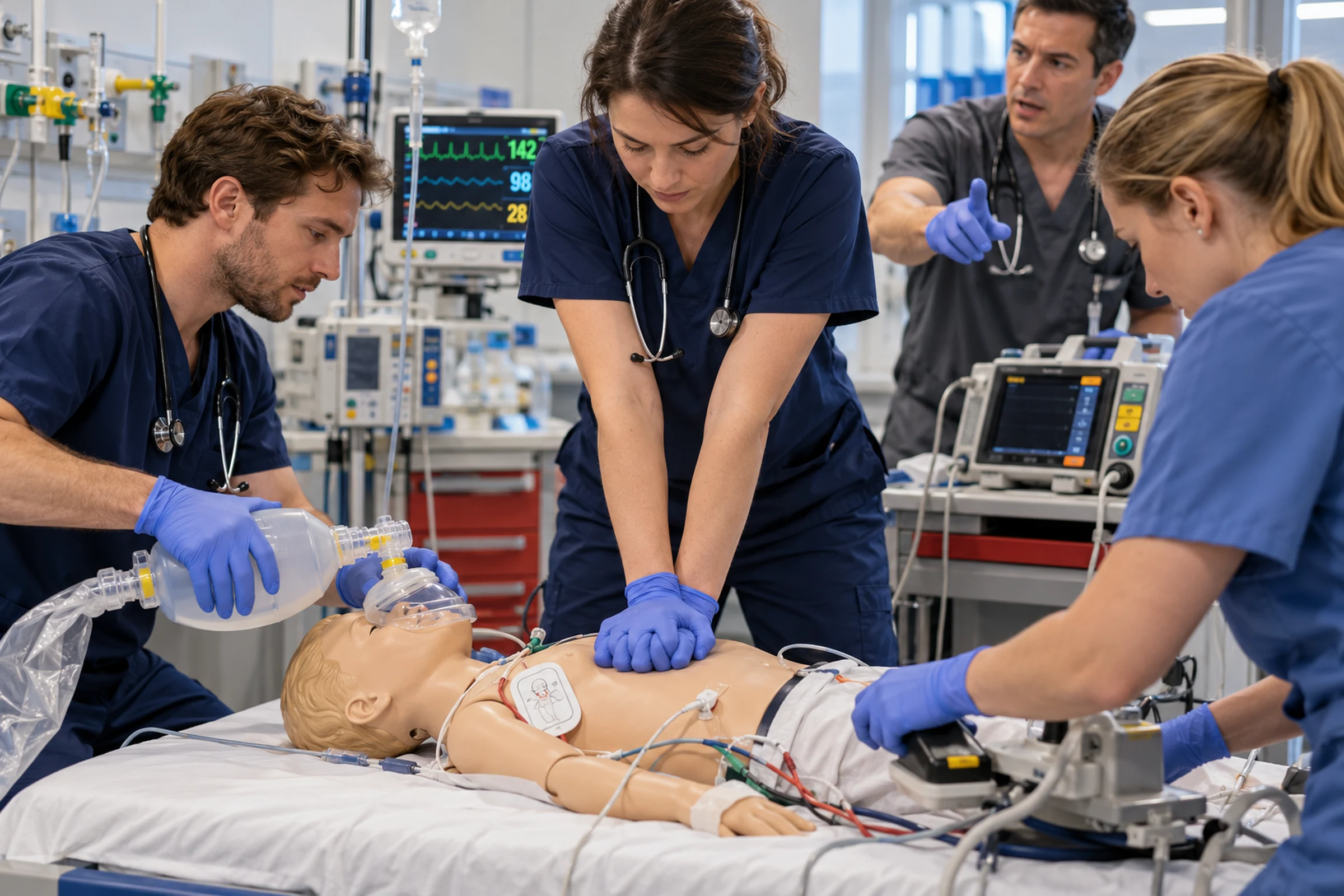 Team practices CPR and bag-mask ventilation on a pediatric manikin.