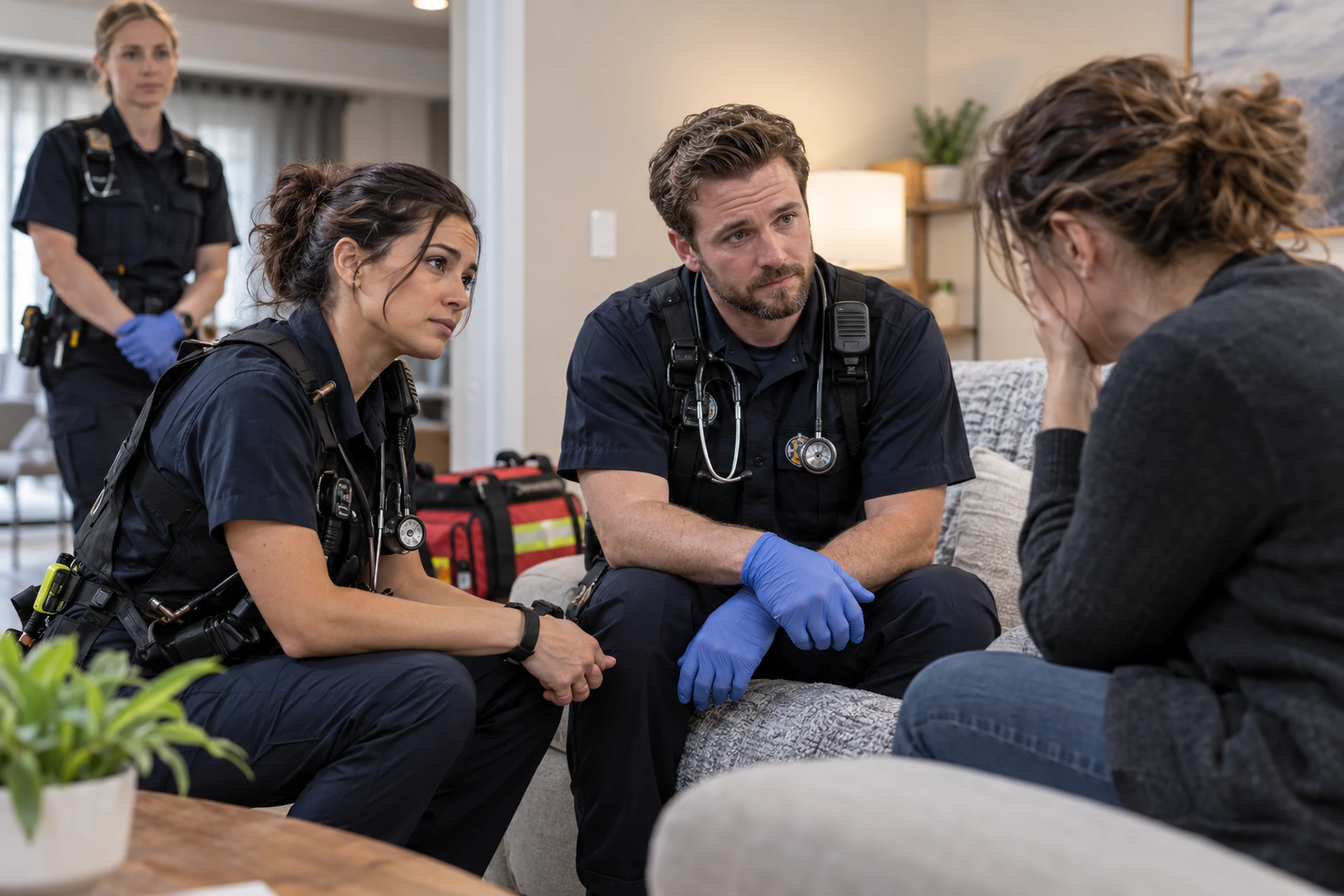 Paramedics practice compassionate family communication with an adult actor.