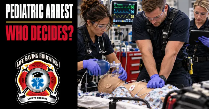 Paramedic team practices pediatric resuscitation using a child-sized manikin.