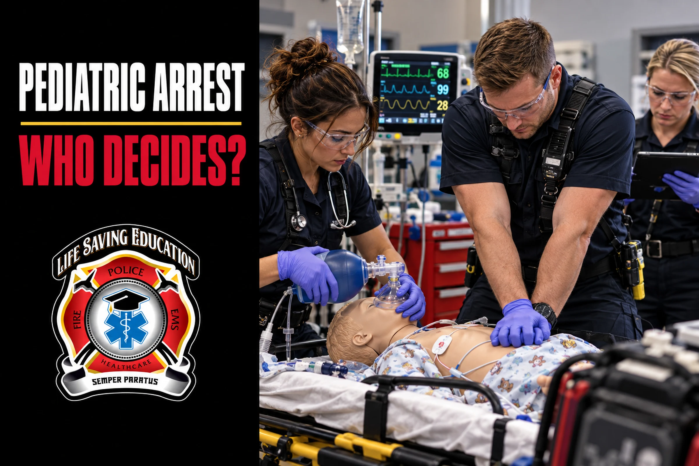 Paramedic team practices pediatric resuscitation using a child-sized manikin.