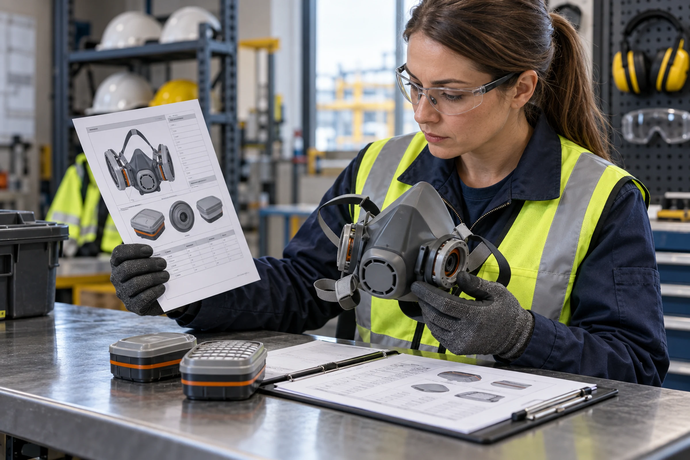 Safety professional compares respirator components with approval documentation.