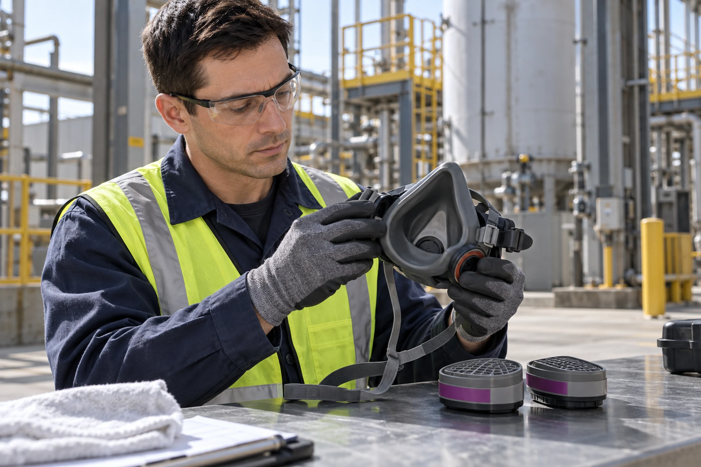 Worker checks an elastomeric respirator before use.