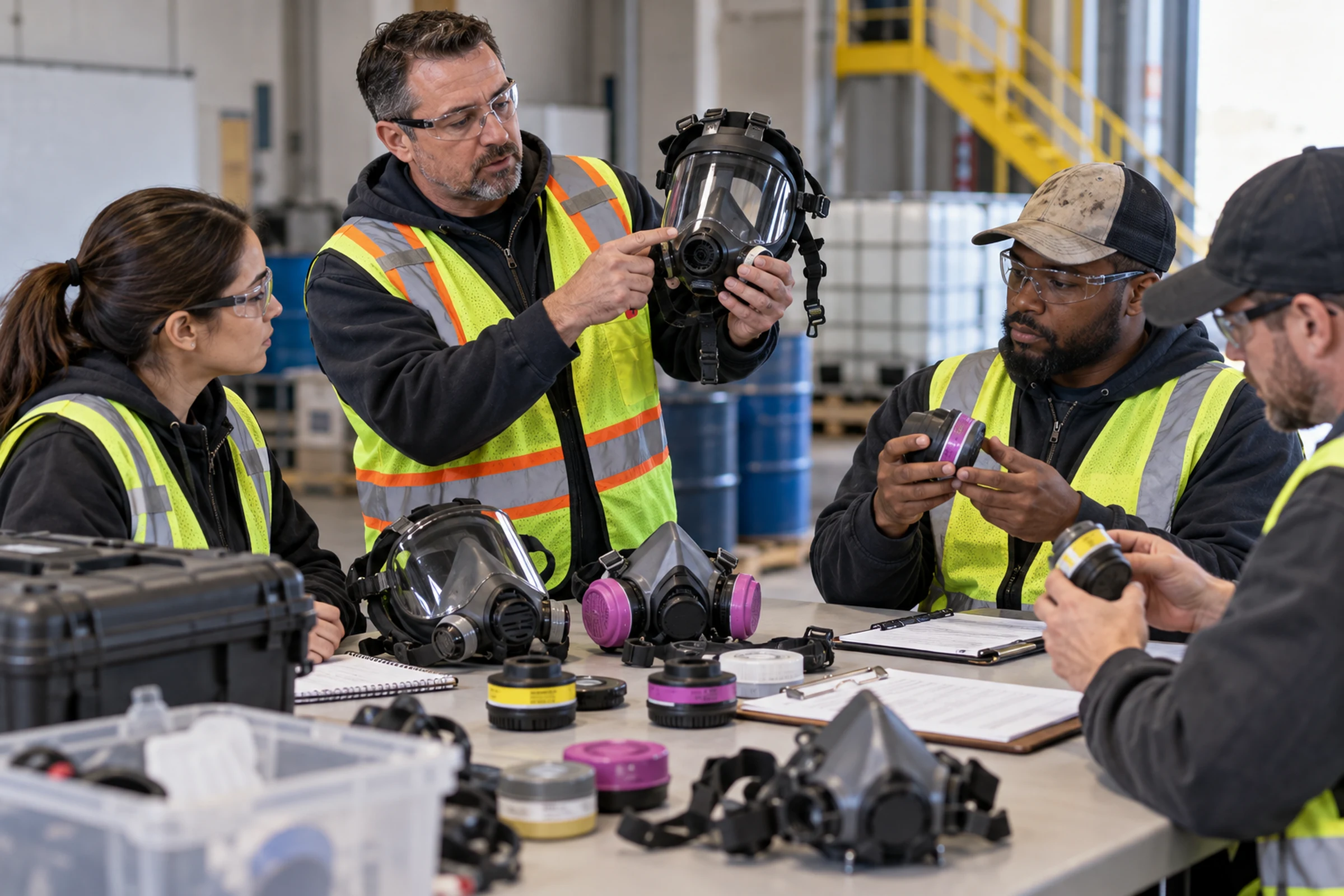 Instructor teaches workers to inspect respirator components and documentation.