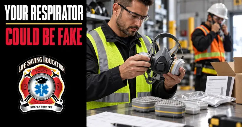 Safety manager inspects a respirator and cartridges at a PPE station.