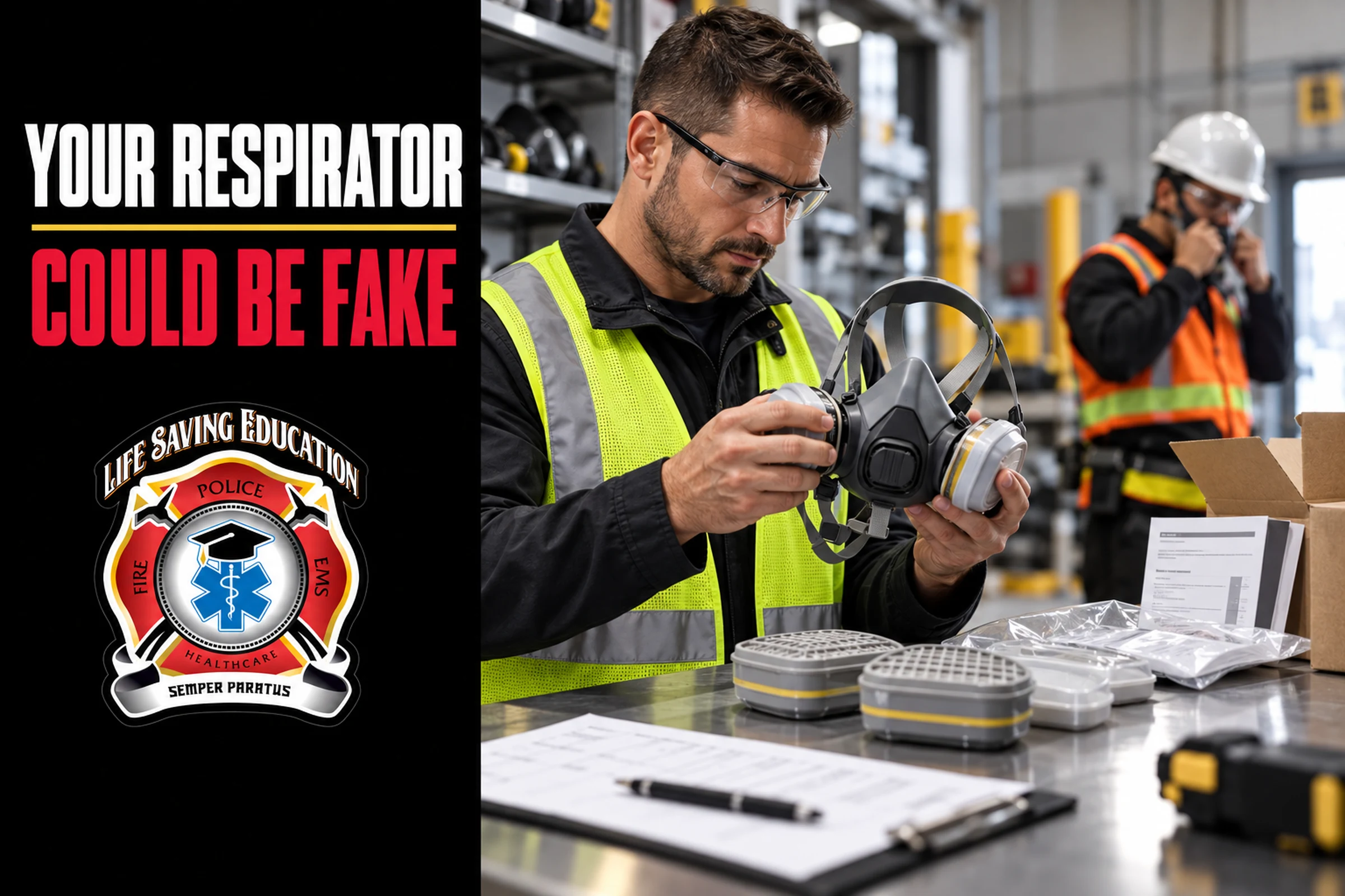 Safety manager inspects a respirator and cartridges at a PPE station.