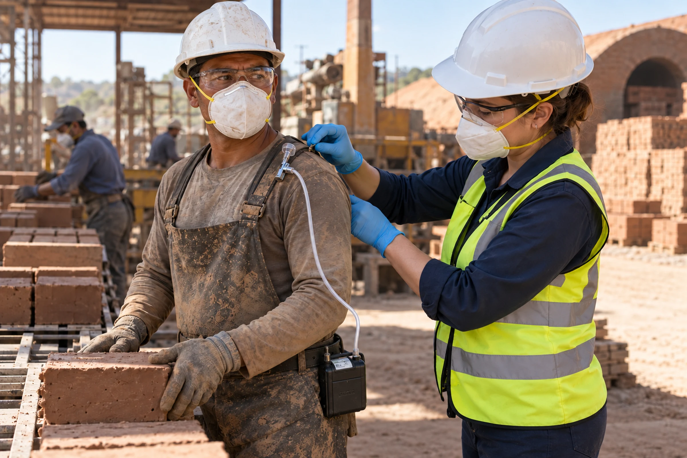 Industrial hygienist checks a worker's personal air-sampling equipment.