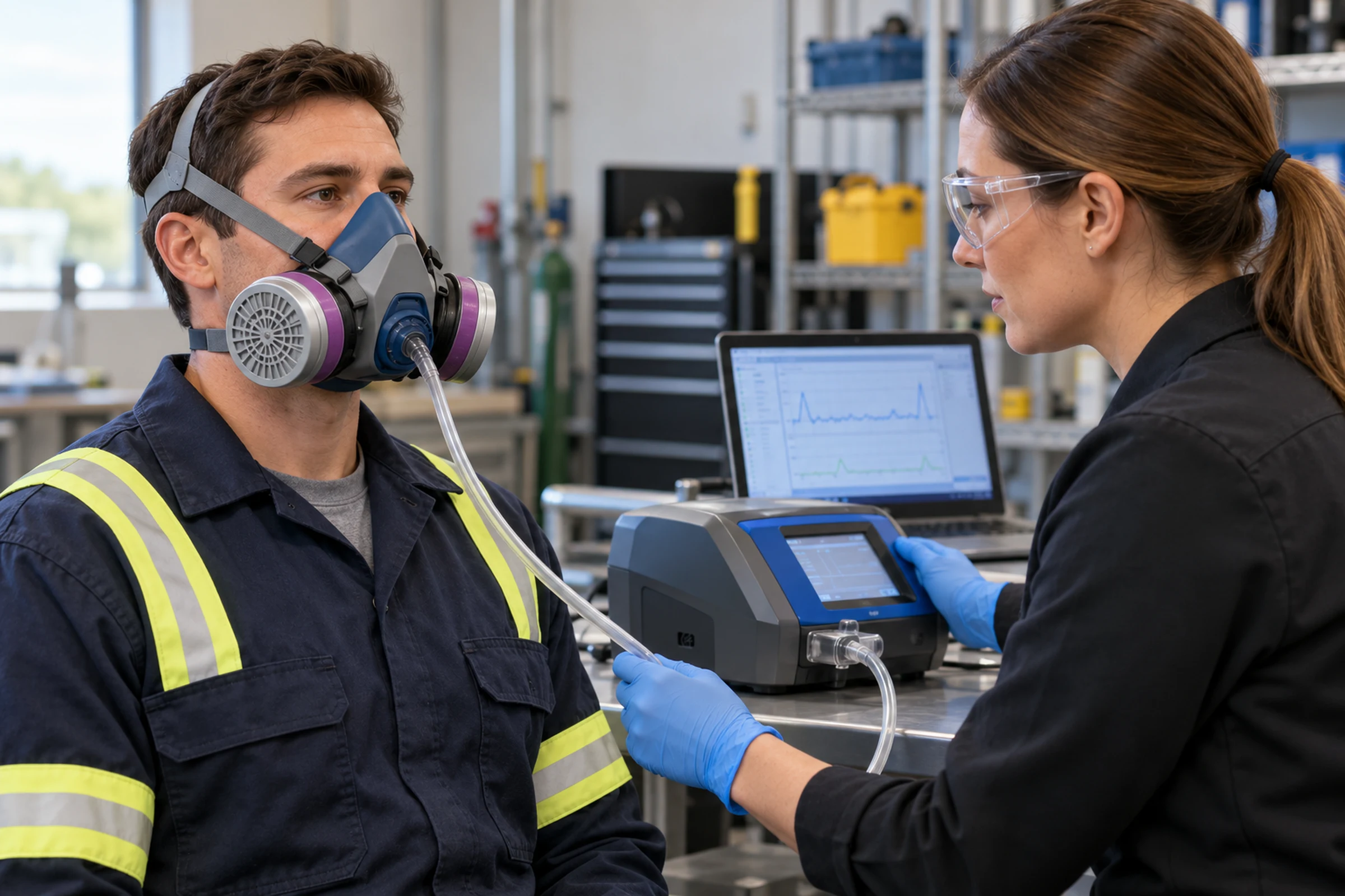 Safety professional conducts a quantitative respirator fit test.
