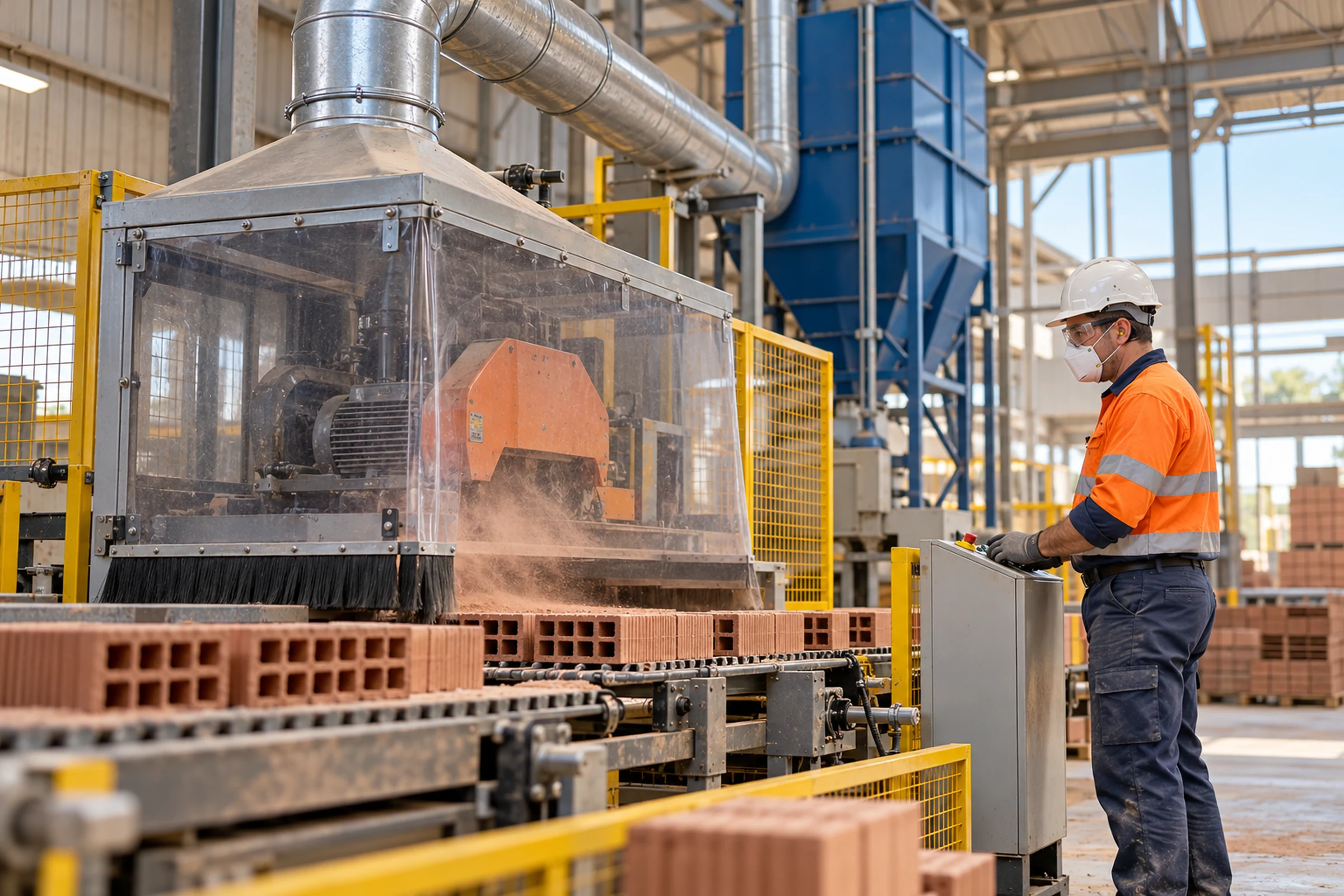 Enclosed brick-processing equipment with local exhaust ventilation.