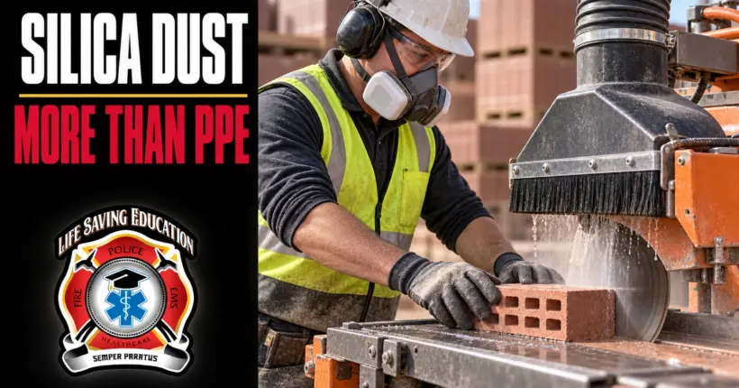 Worker using respiratory protection and dust controls during brick processing, with the headline Silica Dust: More Than PPE.