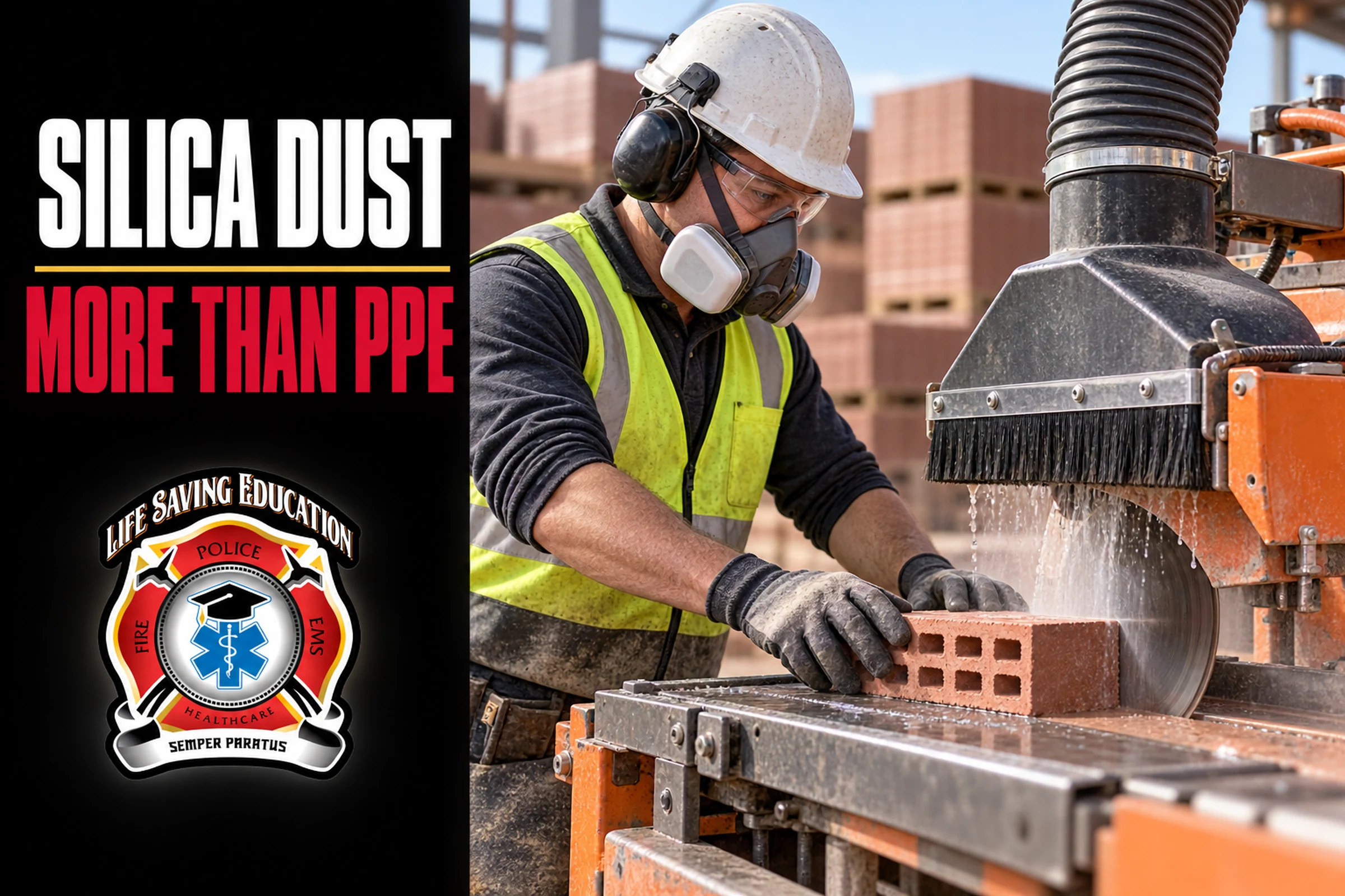 Worker using respiratory protection and dust controls during brick processing, with the headline Silica Dust: More Than PPE.