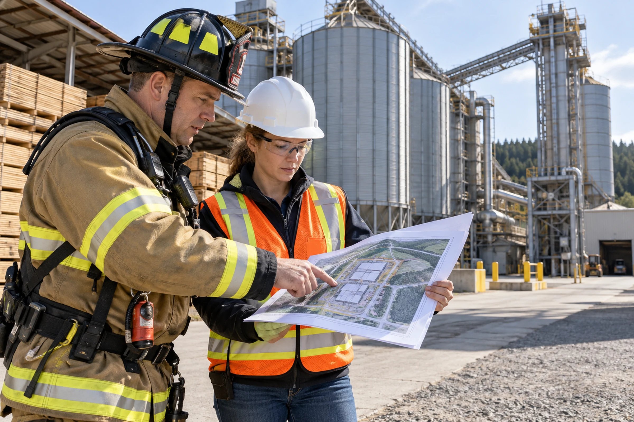Fire officer and facility representative review a silo preincident plan.