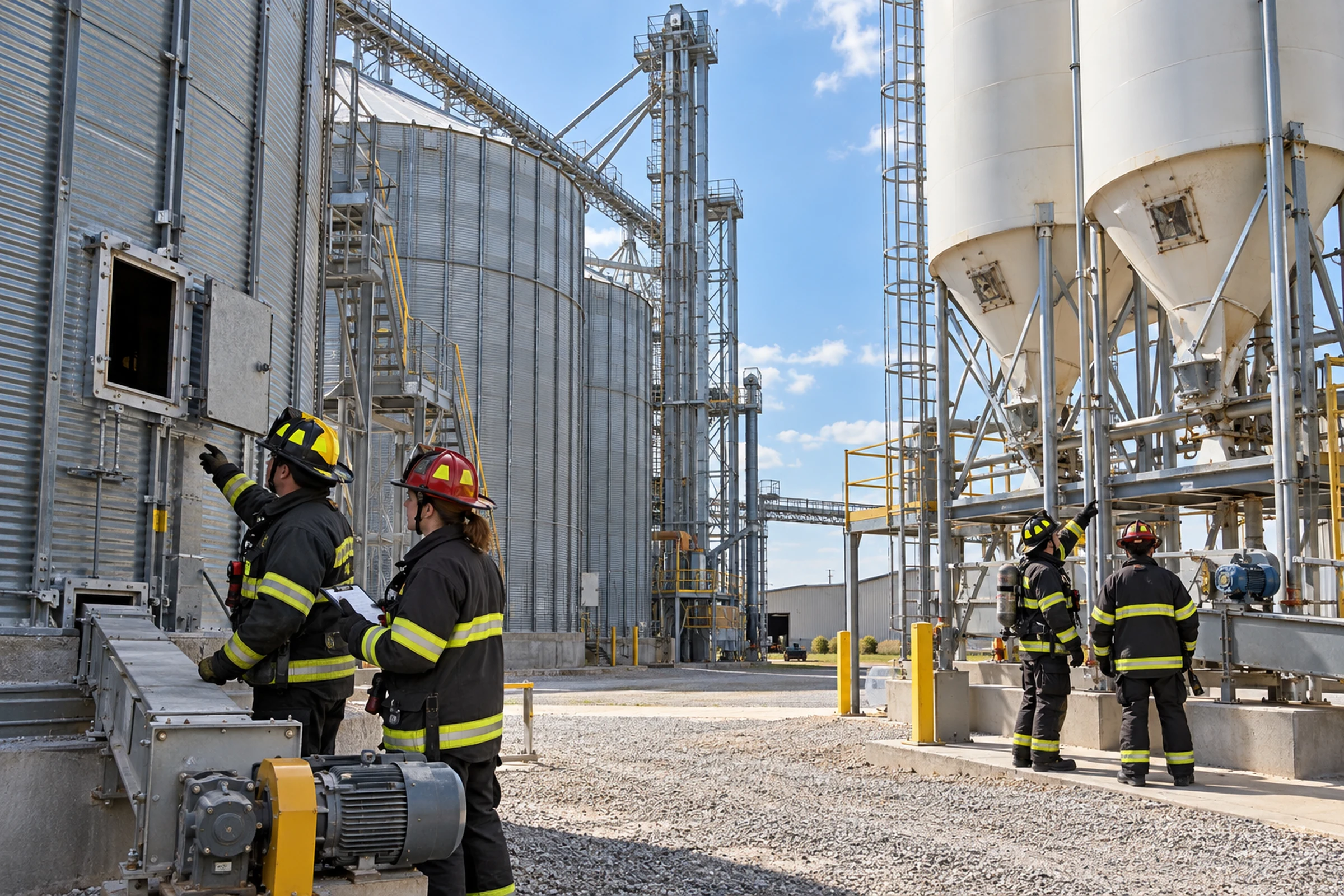 Firefighters compare silo systems and access points during preplanning.