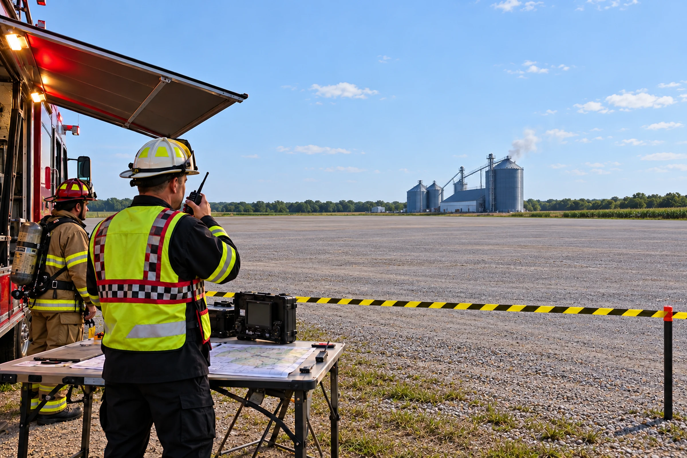 Incident command and accountability established away from a smoking silo.