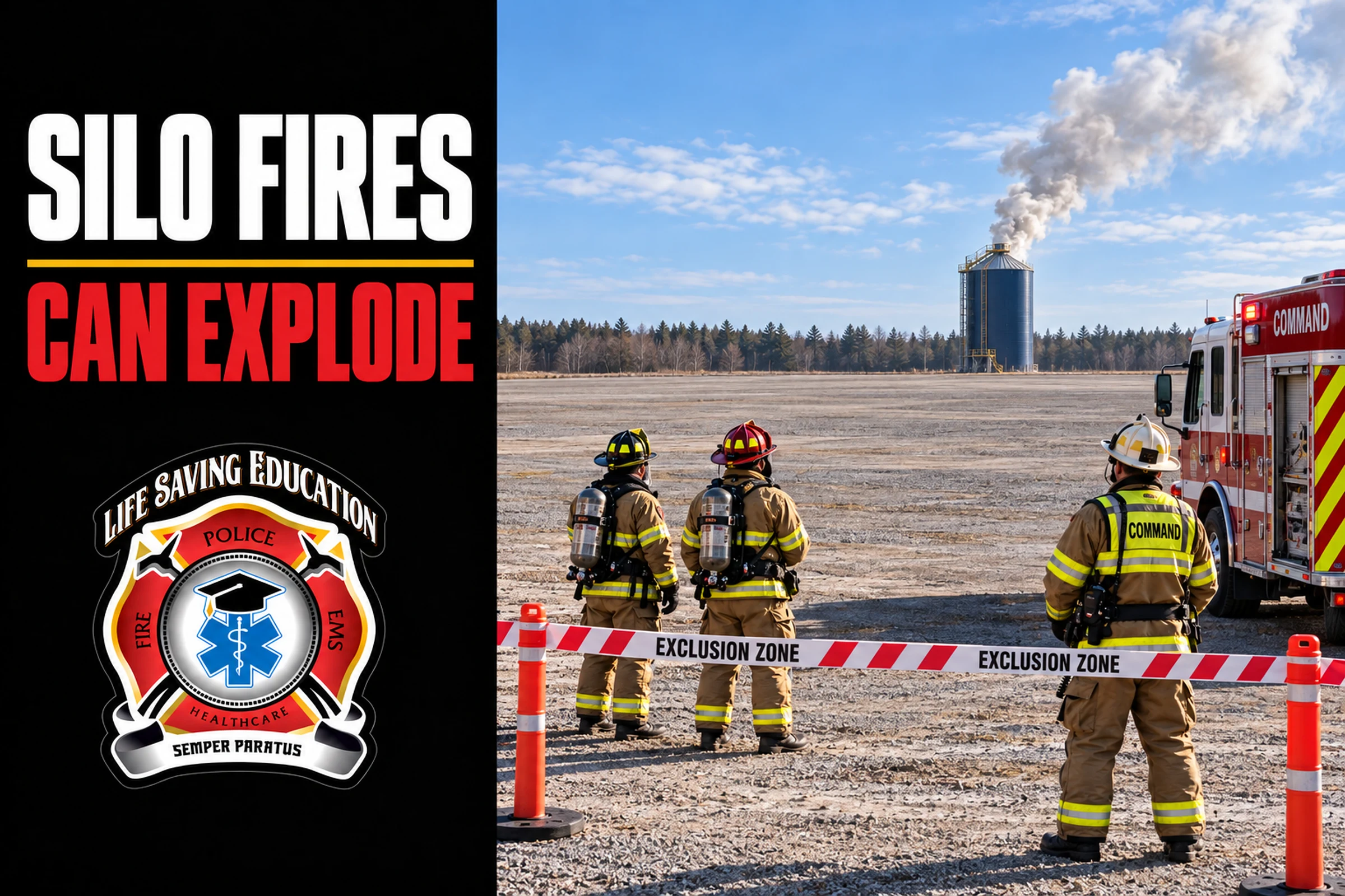 Fire crews assess a distant smoking silo from an established perimeter.