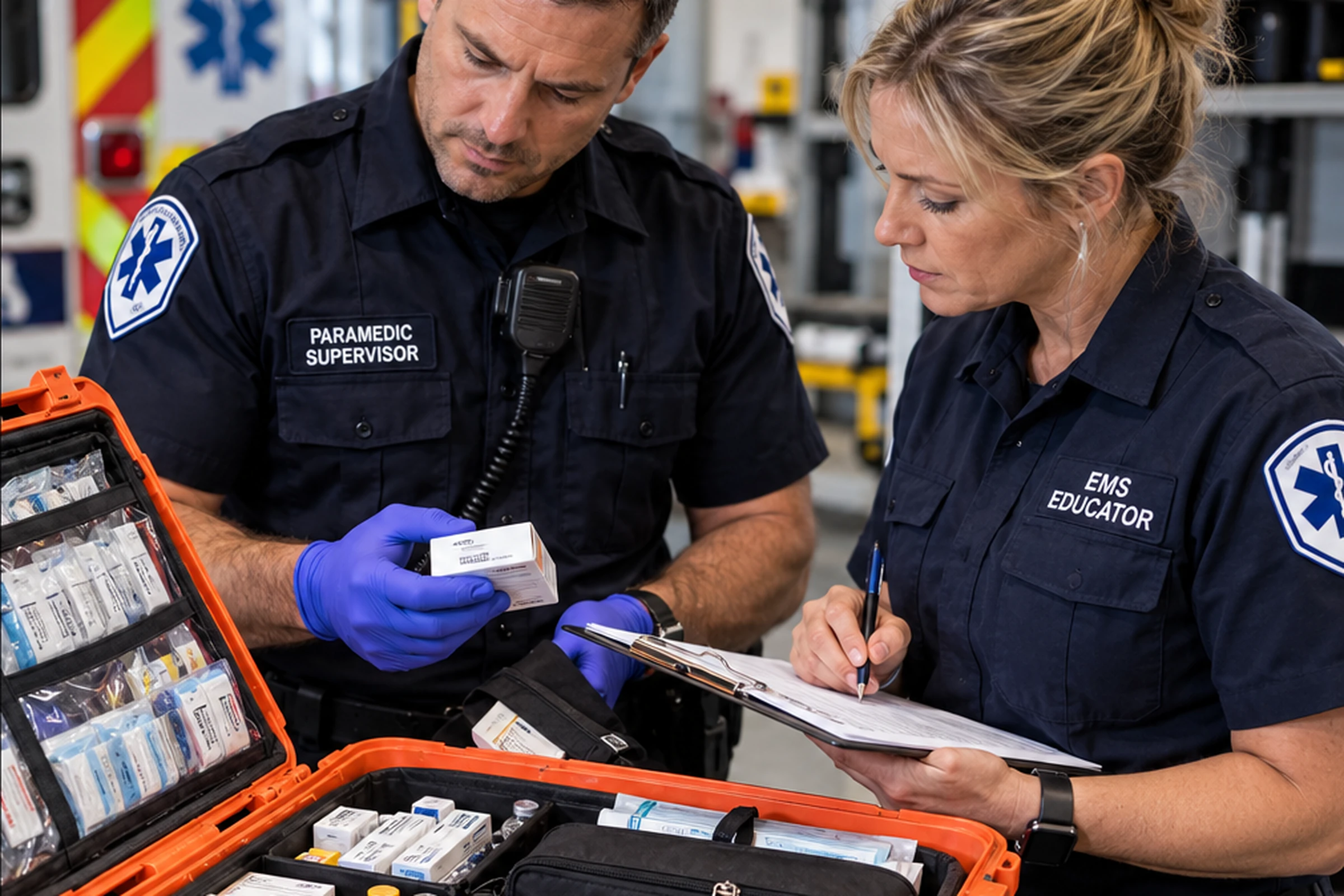 Paramedic reviewing controlled substance inventory log
