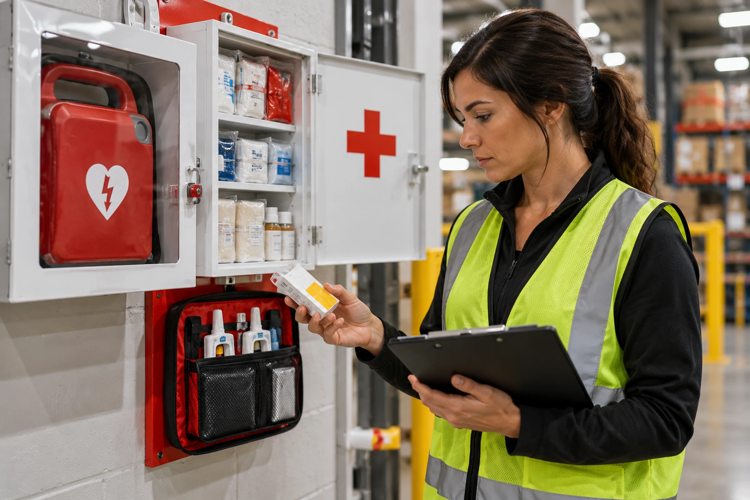 Safety manager checking emergency response supplies and expiration dates at a workplace first aid station.