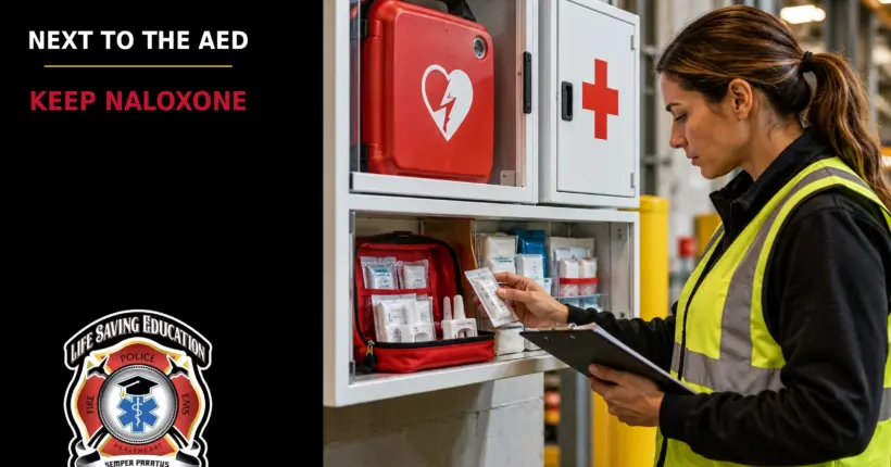 Workplace safety manager reviewing an emergency station with an AED, first aid supplies, and overdose reversal medication.