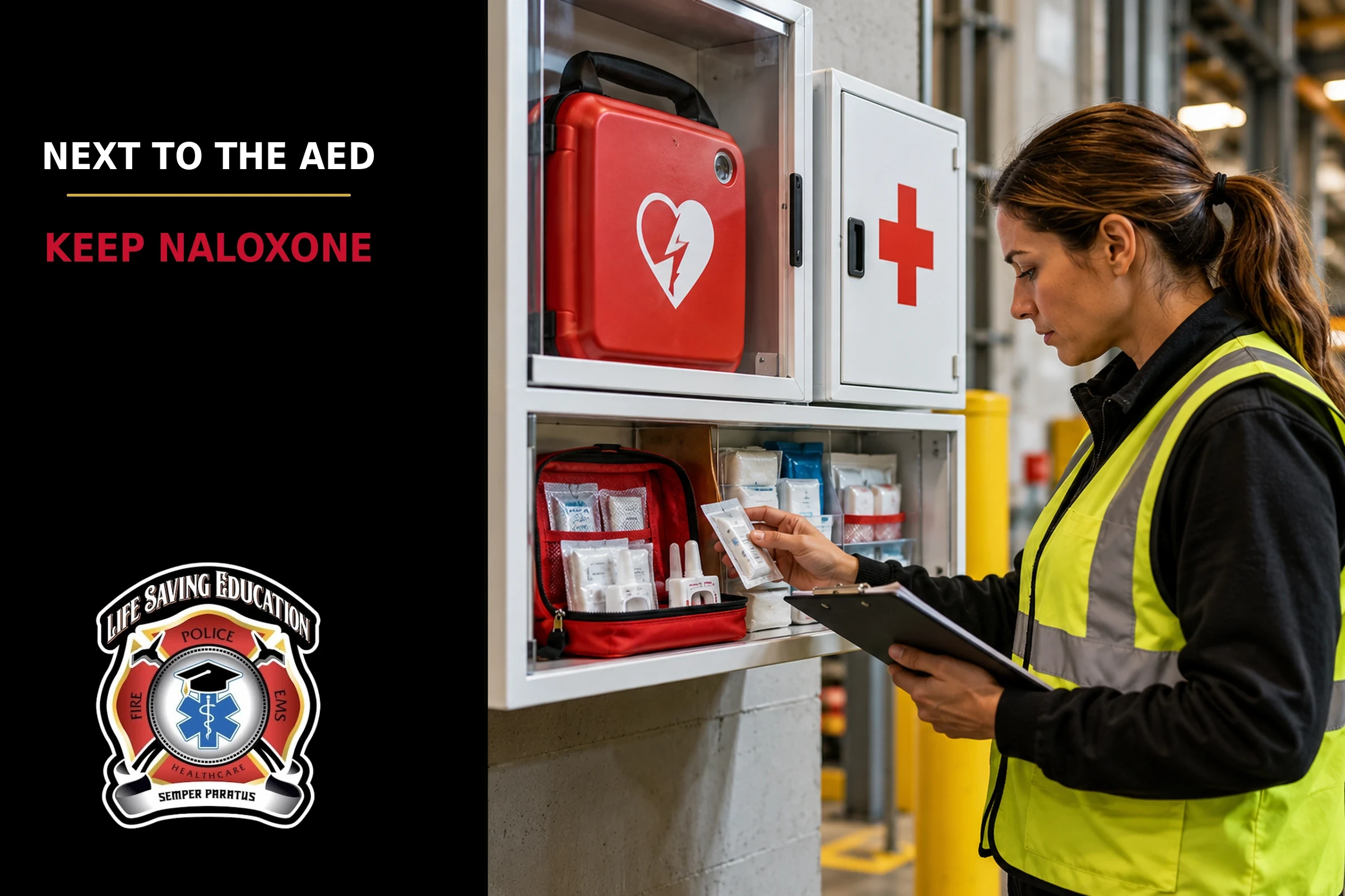 Workplace safety manager reviewing an emergency station with an AED, first aid supplies, and overdose reversal medication.