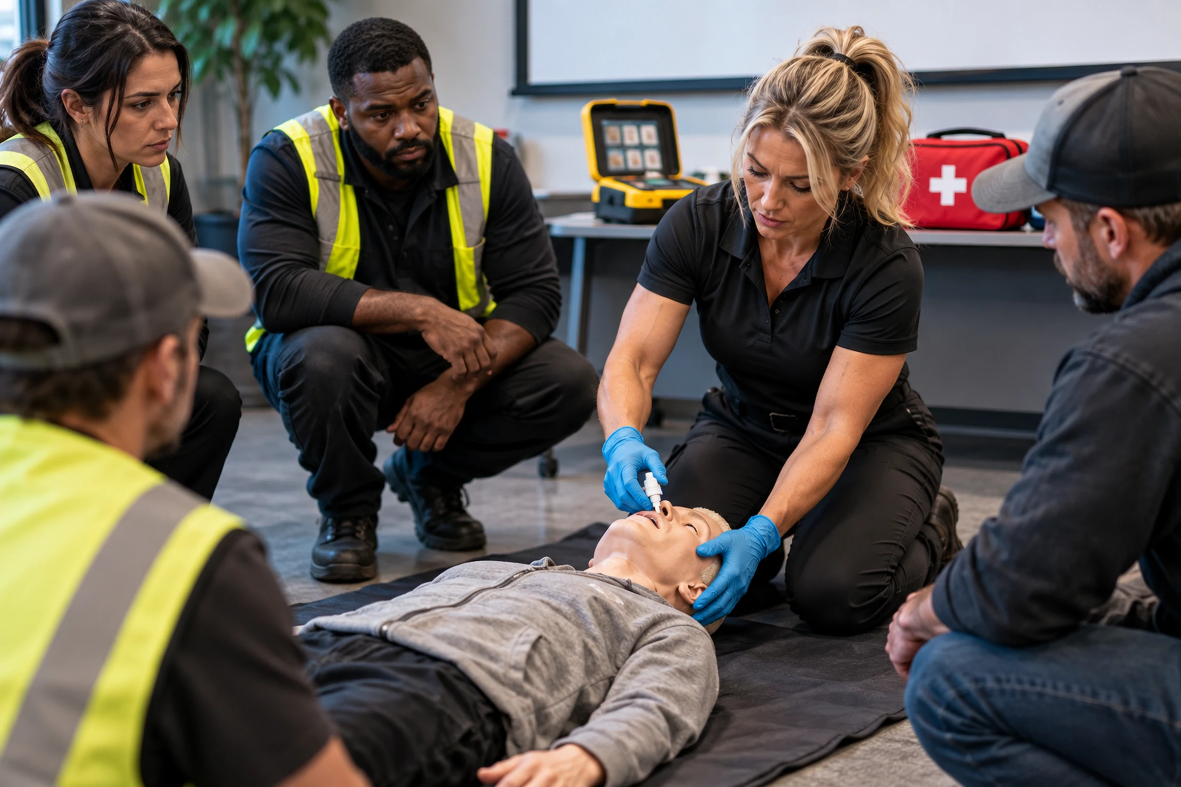 Employees practicing opioid overdose response with a training manikin and nasal naloxone trainer.